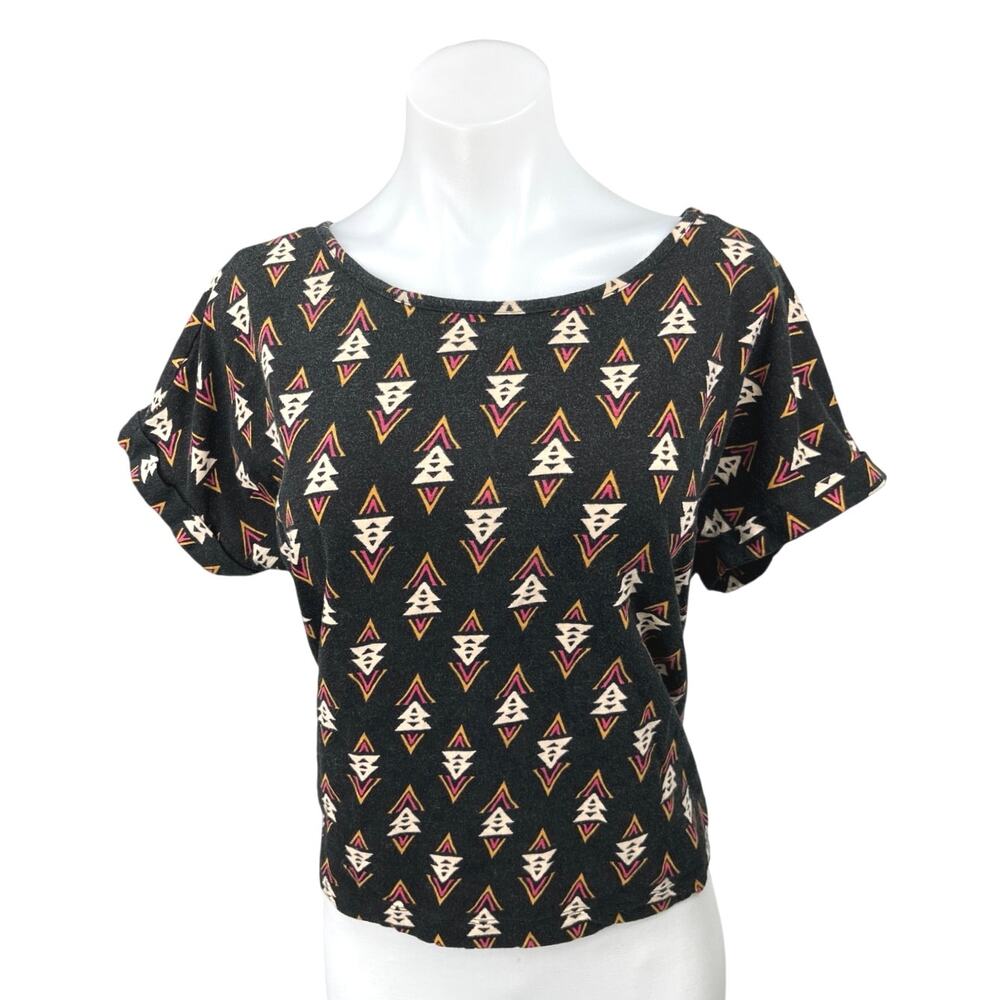 Rachel Zoe Black Tribal Print Short Sleeve Button Back Crop Shirt Blouse Top XL